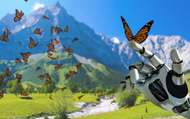 Symbolfoto mit Roboterhand und Schmetterlingschwarm