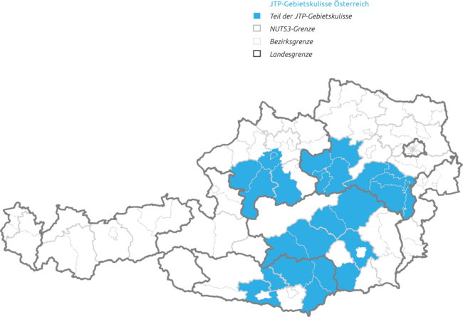 In den JTF-Regionen werden EU-Förderungen für den Übergang zu einer klimaneutralen Wirtschaft umgesetzt. Österreichkarte mit eingefärbten JTF-Regionen in Kärnten, Niederösterreich, Oberösterreich und der Steiermark, wo EU-Förderungen für den Wandel zu einer nachhaltigen Wirtschaft vergeben werden.