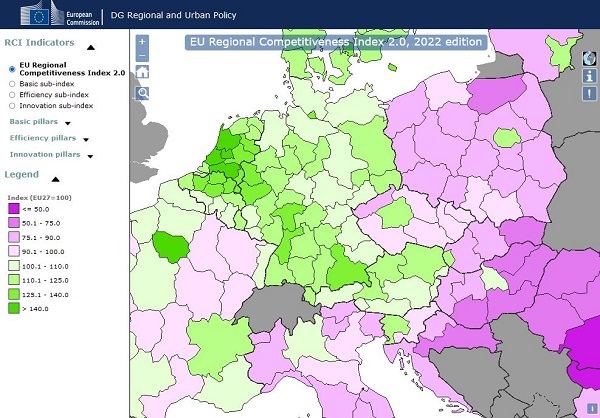 Ausschnitt der Europalandkarte mit Fokus auf die Regionen Zentral- und Osteuropas und deren Wettbewerbsindex