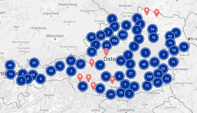 Projektlandkarte 2014-2020 EU geförderte Projekte durch EFRE Förderprogramm, darunter Innovationsförderung, Investitioneförderung, Förderung nachhaltige Investitionen, Förderung Reduktion Treibhausgase, Förderung thermische Gebäudesanierung, KMU-Förderung, Förderung Gemeinden, Förderung Energieeffizienz,  Förderung Ökoinnovationen, Förderung Energieeffizienz,  Forschungsförderung, Förderung von Stadtregionen, Förderung Gemeinden, nachhaltige städtische Entwicklung, nachhaltige ländliche Entwicklung, klimaneutrale Wirtschaft etc.