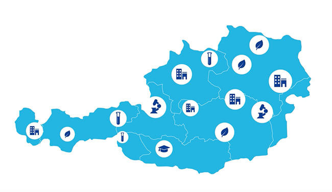 Link zu Videoreportagen über ausgewählte IWB/EFRE-Förderprojekte und zum Infovideo über Kohäsion, EFRE und IWB/EFRE in Österreich Grafik mit Landkarte Österreichs und Projektsymbolen